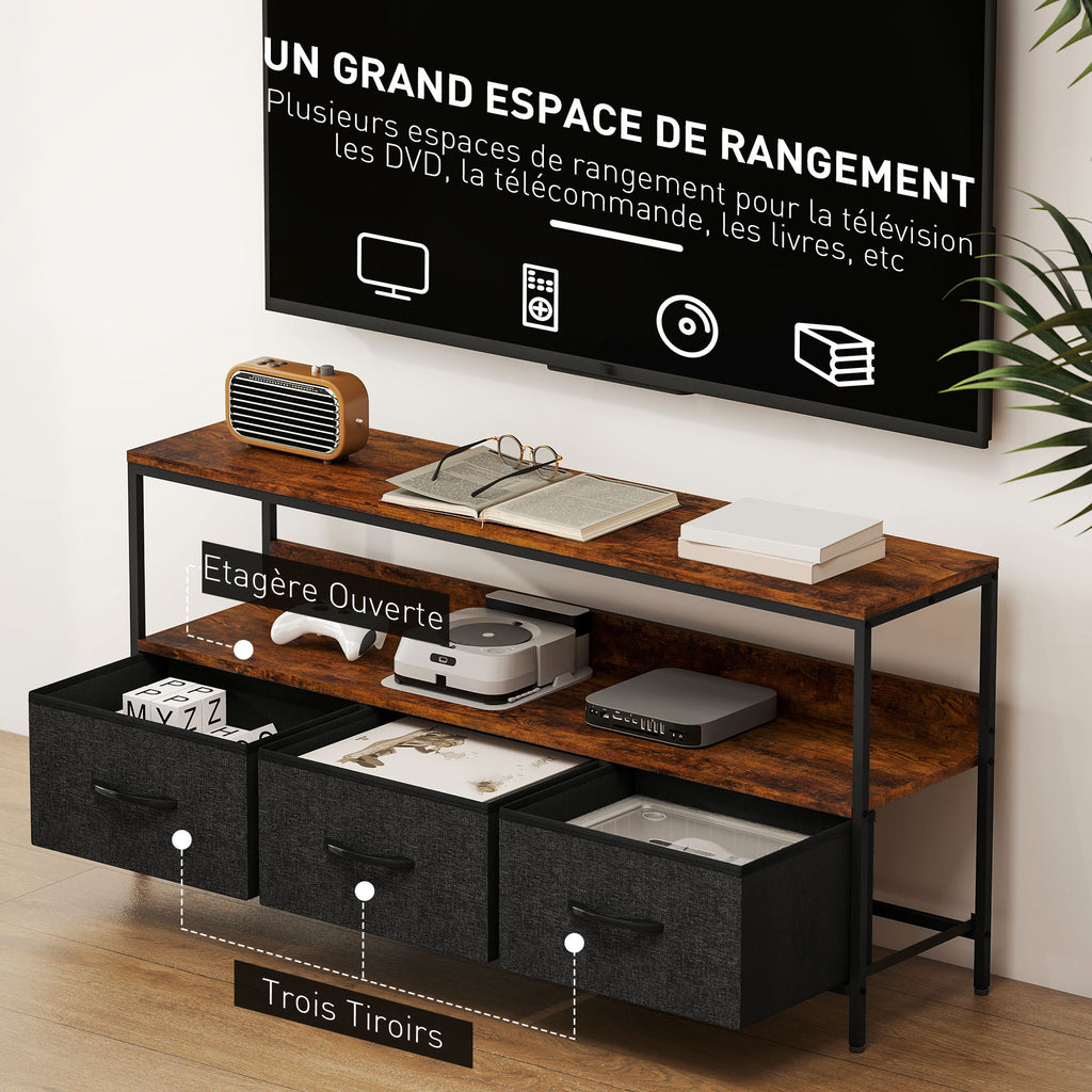 Meuble TV, meuble télé pour téléviseur jusqu'à 55 pouces avec 3 tiroirs et pieds en acier 120 x 29 x 56 cm brun rustique-4