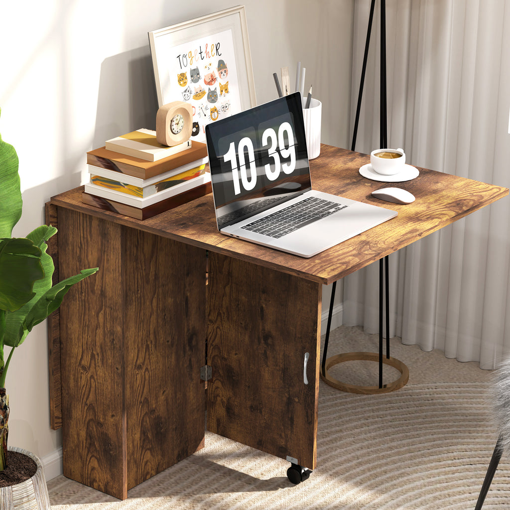 Table à Manger Pliante Mobile sur Roulettes, 2 Plateaux Rabattables, 2 Étagères Intégrées, 140x80x74cm, Brun Rustique-7