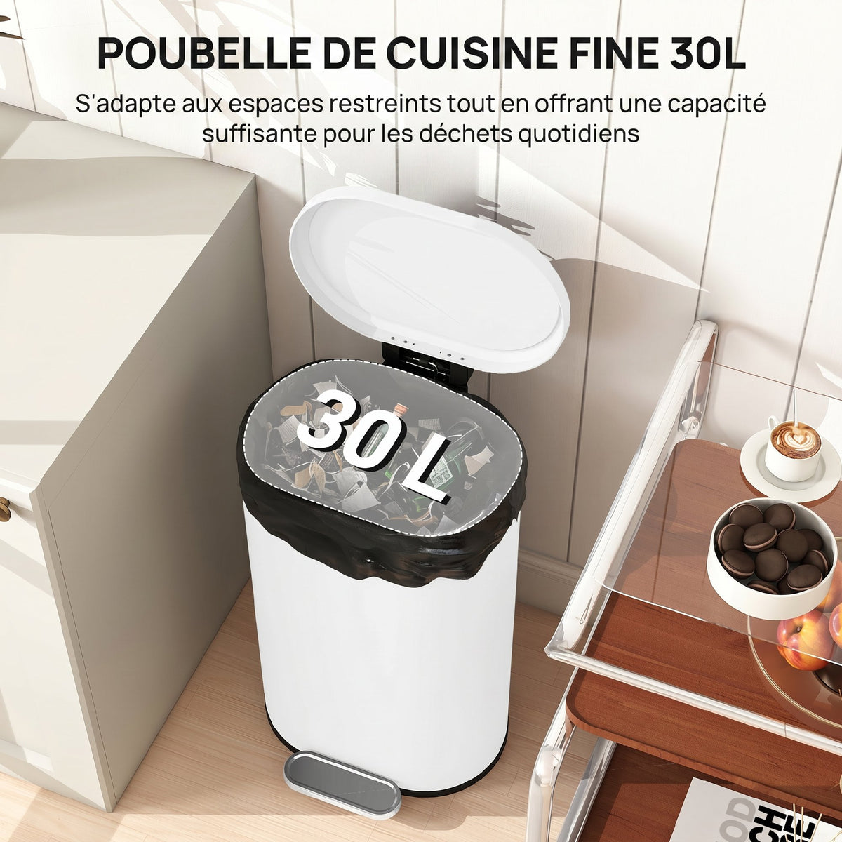 Poubelle cuisine 30L, poubelle à pédale, seau intérieur amovible, couvercle à fermeture douce, 36,5x31x61cm, blanc-3