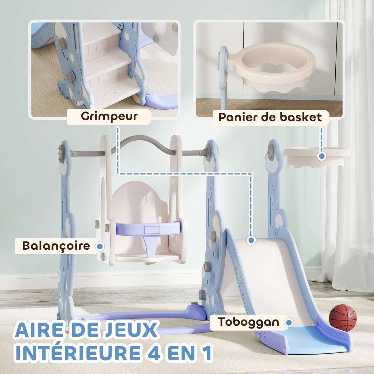 Toboggan et balançoire pour enfants 4 en 1 avec panier de basket et échelle, 147,5 x 160 x 107 cm, bleu clair-3