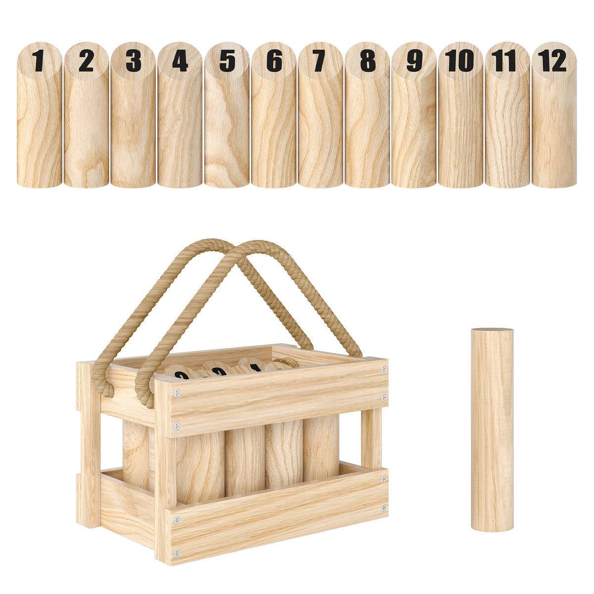 Jeu de quilles finlandaises, jeu de plein air en bois de pin 12 quilles 1 bâton 1 boîte de transport effet bois naturel-0