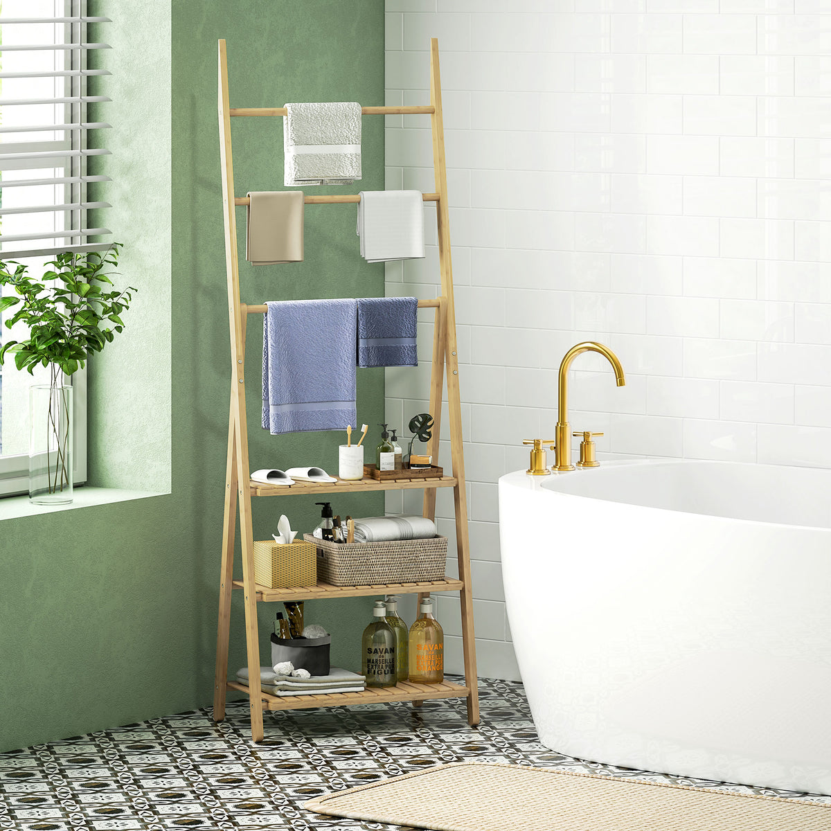 Étagère salle de bain en bambou pliable 3 niveaux étagère à échelle porte-serviettes 53,5x30x153cm effet bois naturel-1