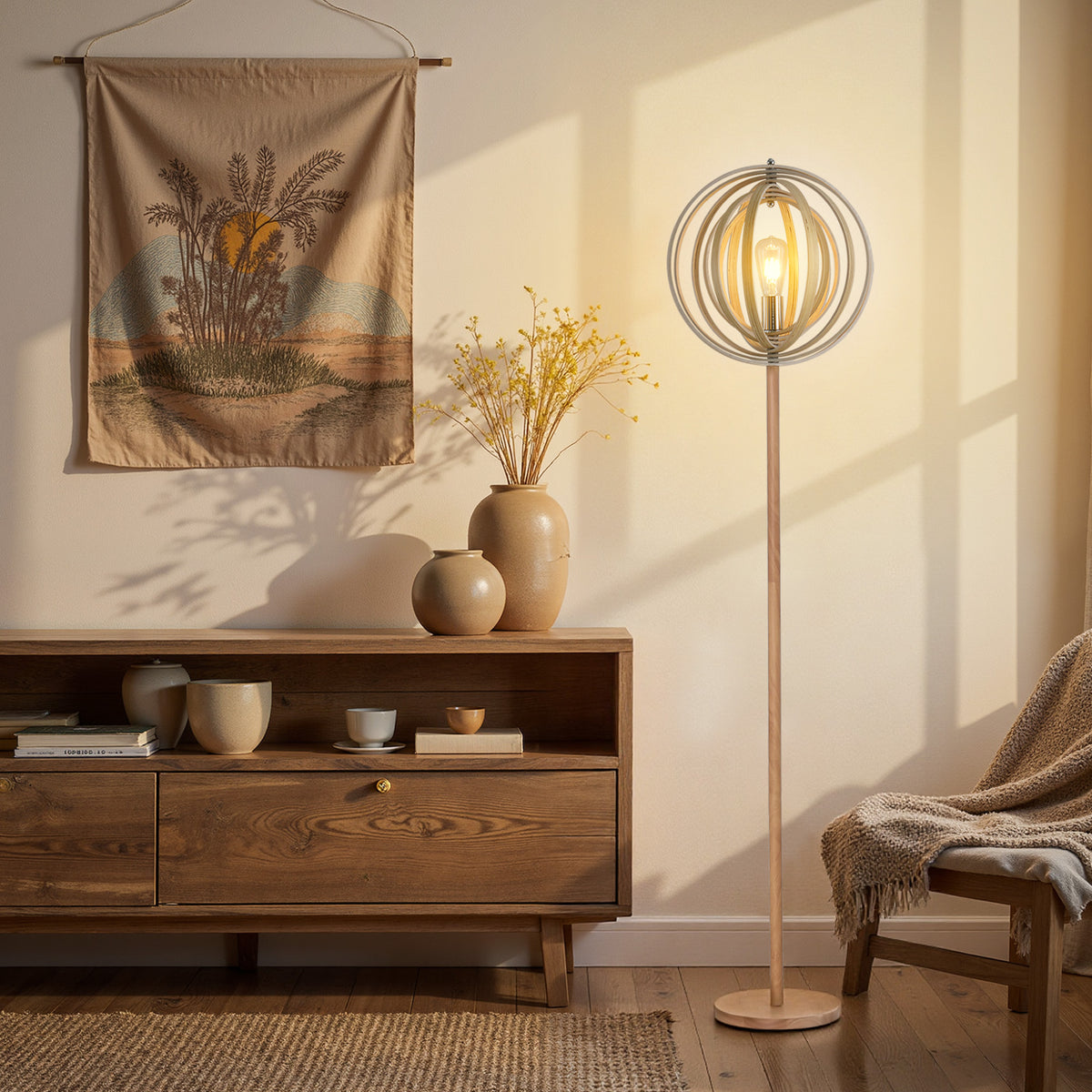 Lampadaire sur Pied Circulaire 40 W Max. Abat-Jour bois naturel clair dim. Ø 38 x 160 cm-1