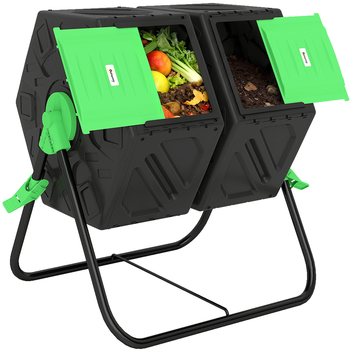 Composteur de jardin bac à compost pour déchets rotatif 360° double chambre 130 L acier PP 67 x 60 x 77 cm noir-0