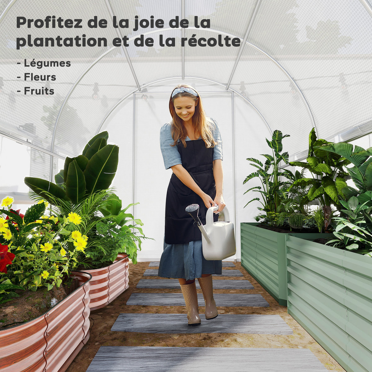 Serre de jardin tunnel serre tunnel 6 m² avec 6 fenêtres porte enroulable toile PE structure en acier galvanisé blanc-6