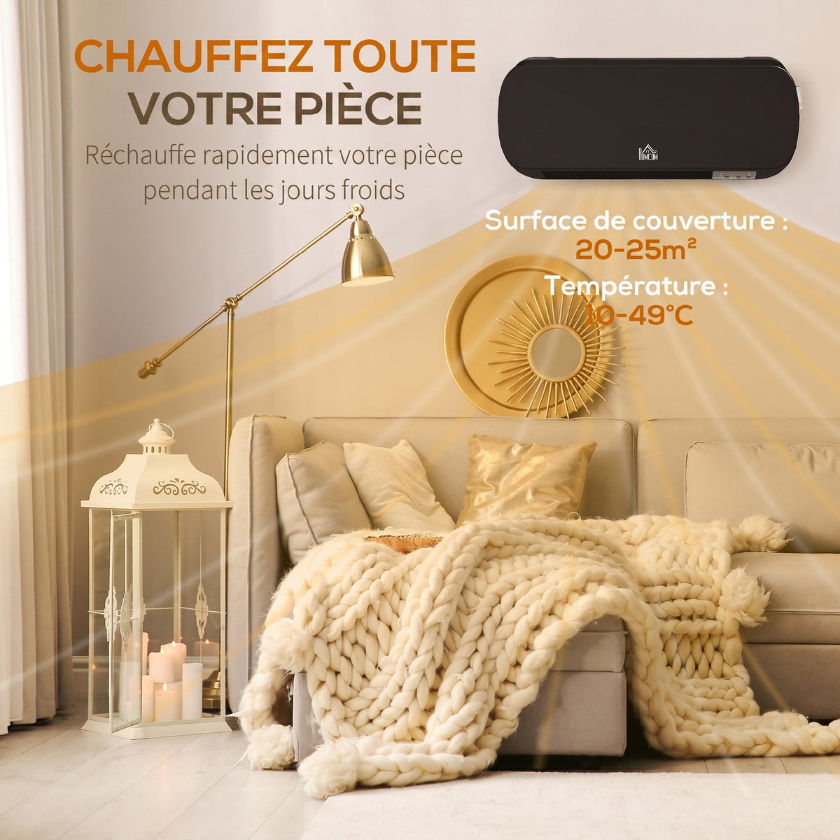 Radiateur Mural Soufflant 2000 W, Chauffage Céramique PTC, 3 Niveaux de Puissance, Télécommande, 45x18,6x11,5cm, Noir-5