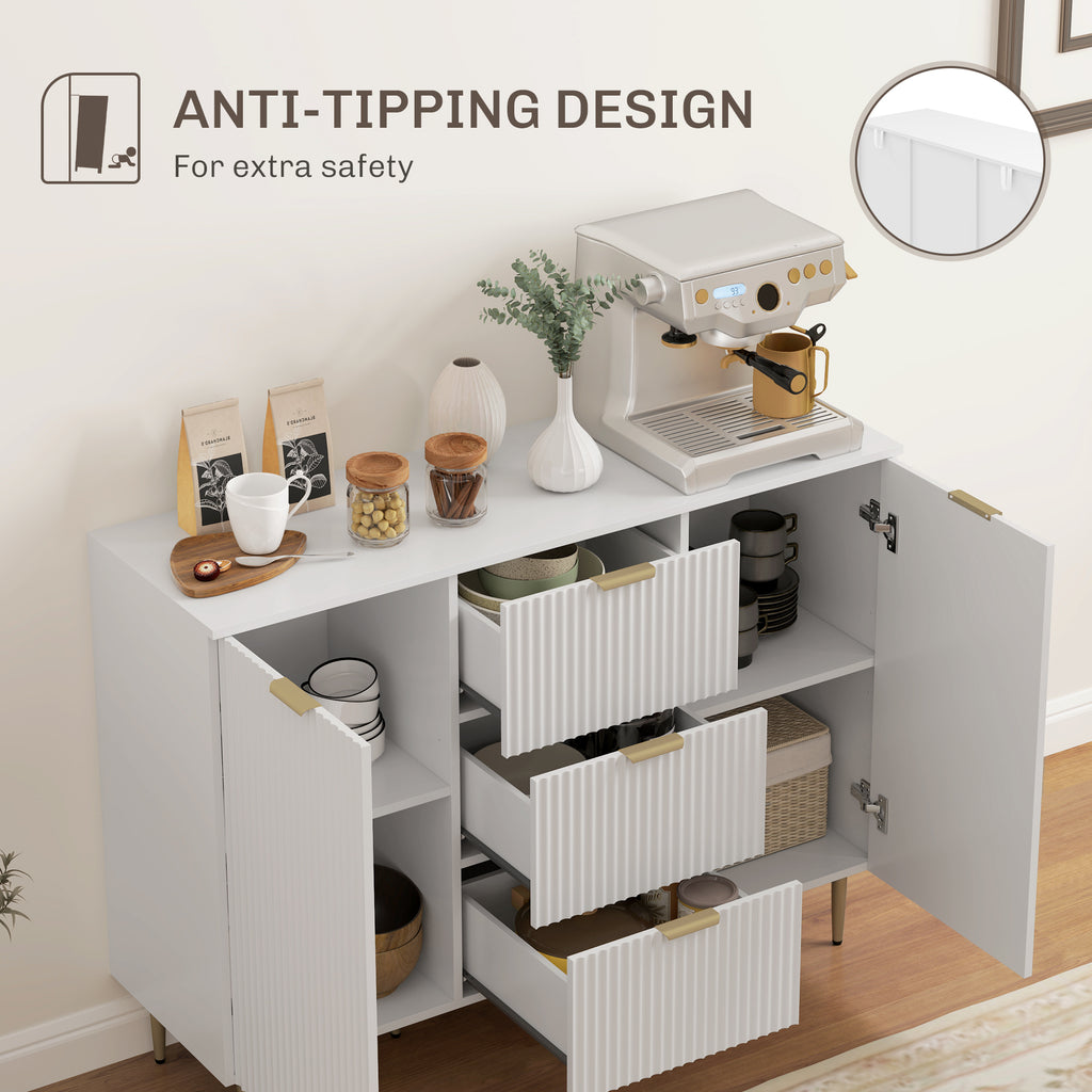 Buffet meuble cuisine rangement avec 3 tiroirs, étagères réglables, placards à portes cannelées, 120 x 40 x 90 cm, blanc-7