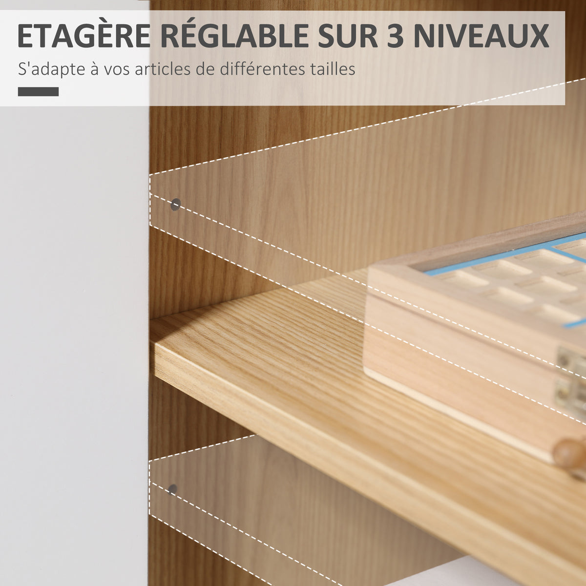 Buffet salon, meuble de rangement avec 2 portes et étagère réglable, 77 x 35 x 77,5 cm, blanc et bois naturel-4