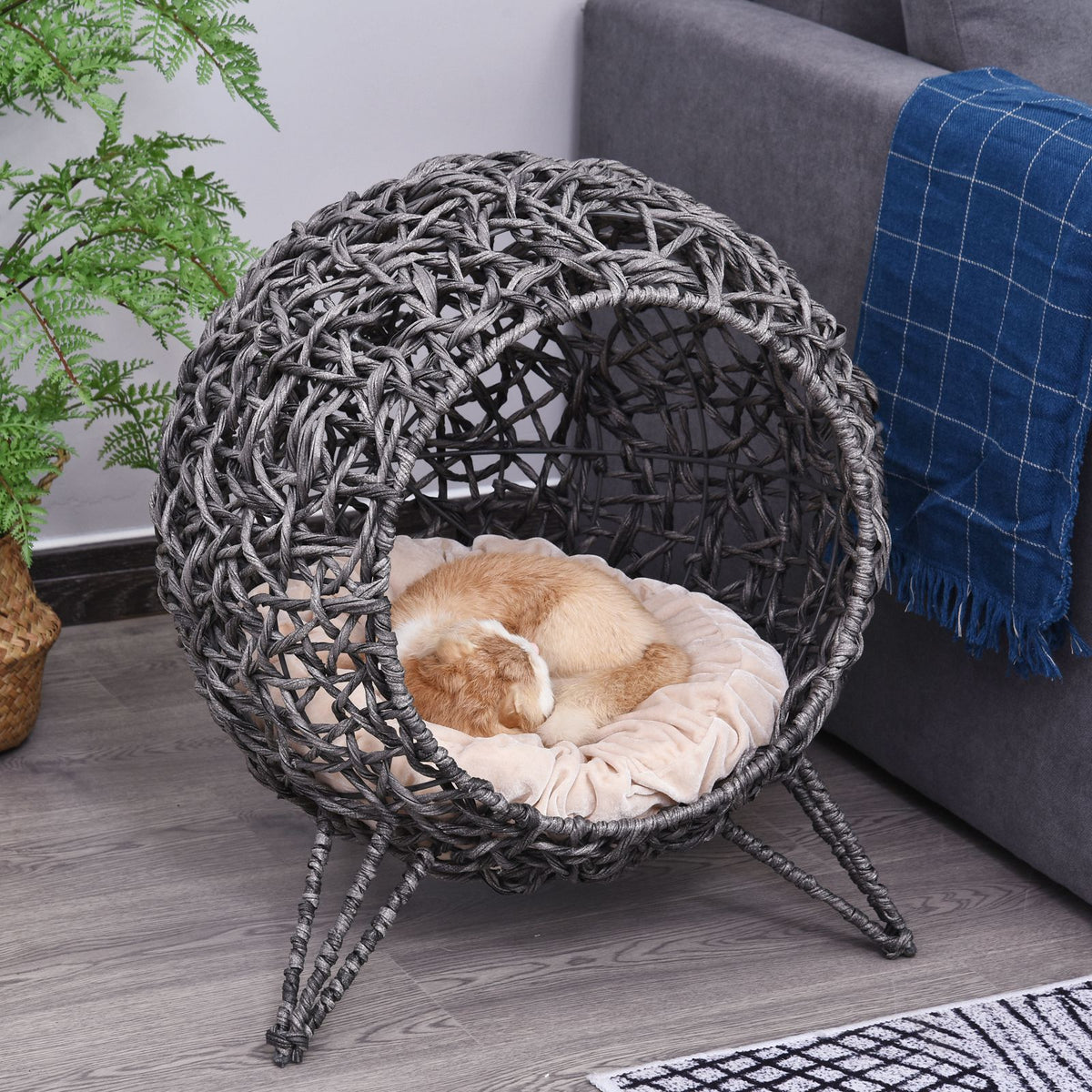 Panier chat lit surélevé chat cosy niche grotte Ø 52 x 58H cm coussin moelleux inclus résine tressée imitation-1