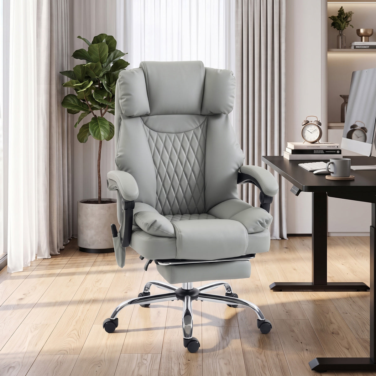 Fauteuil de Bureau Massant Vibrant et Chauffant, Chaise Bureau Ergonomique en PU, Dossier Inclinable, Appuie-Tête, Gris-1
