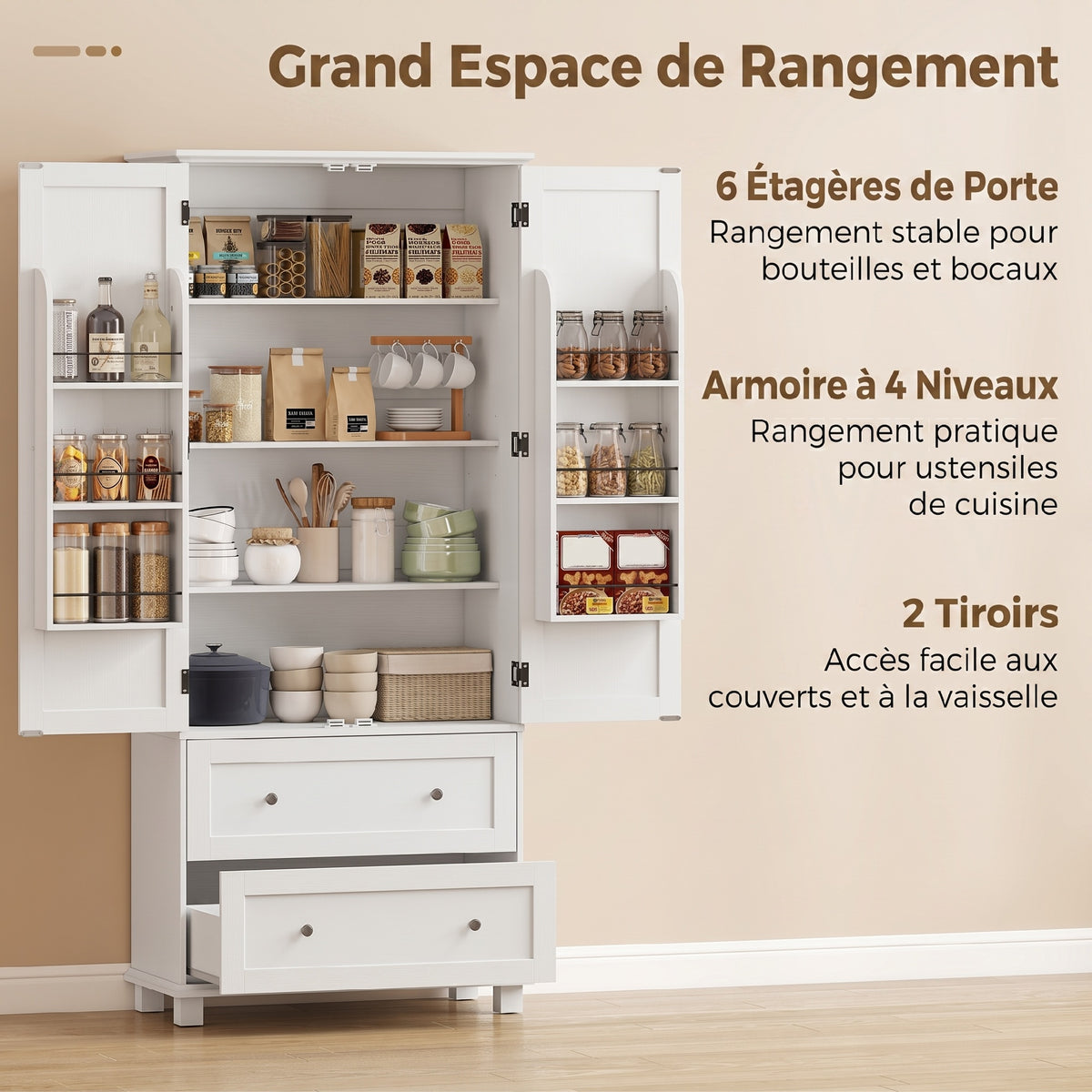 Buffet haut cuisine, armoire de cuisine 2 portes, 2 tiroirs, 6 porte-racks, étagères réglables, 80x39,5x184,5cm, blanc-3