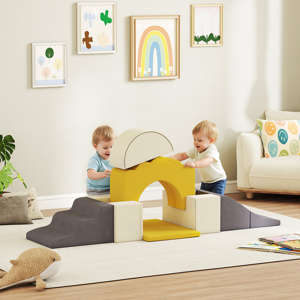 Parcours motricité bébé blocs mousse éducatifs modulables 7 pièces housse lavable en velours base antidérapante jaune-1
