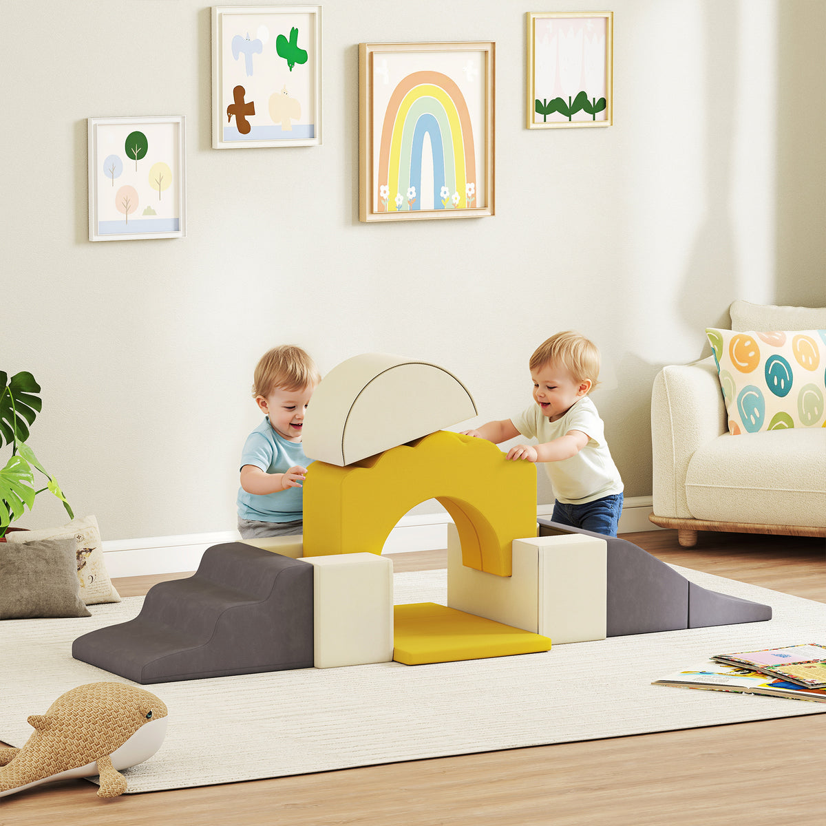 Parcours motricité bébé blocs mousse éducatifs modulables 7 pièces housse lavable en velours base antidérapante jaune-1