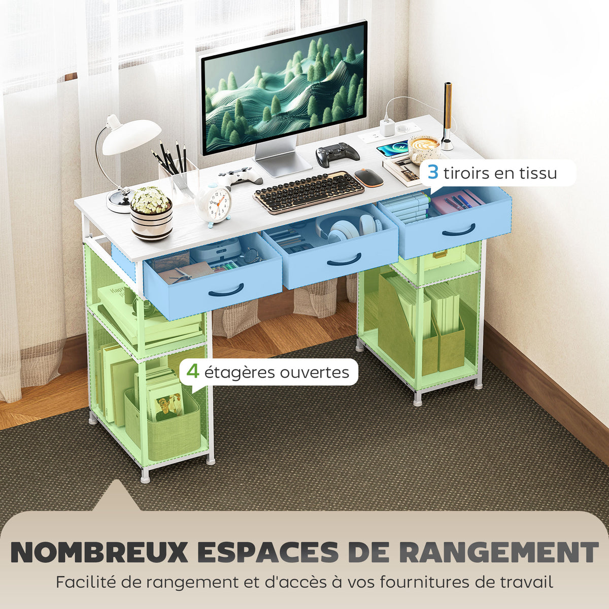 Bureau avec rangement avec prises de courant, 3 tiroirs en tissu et 4 étagères de rangement, 120 x 40 x 76 cm, blanc-3