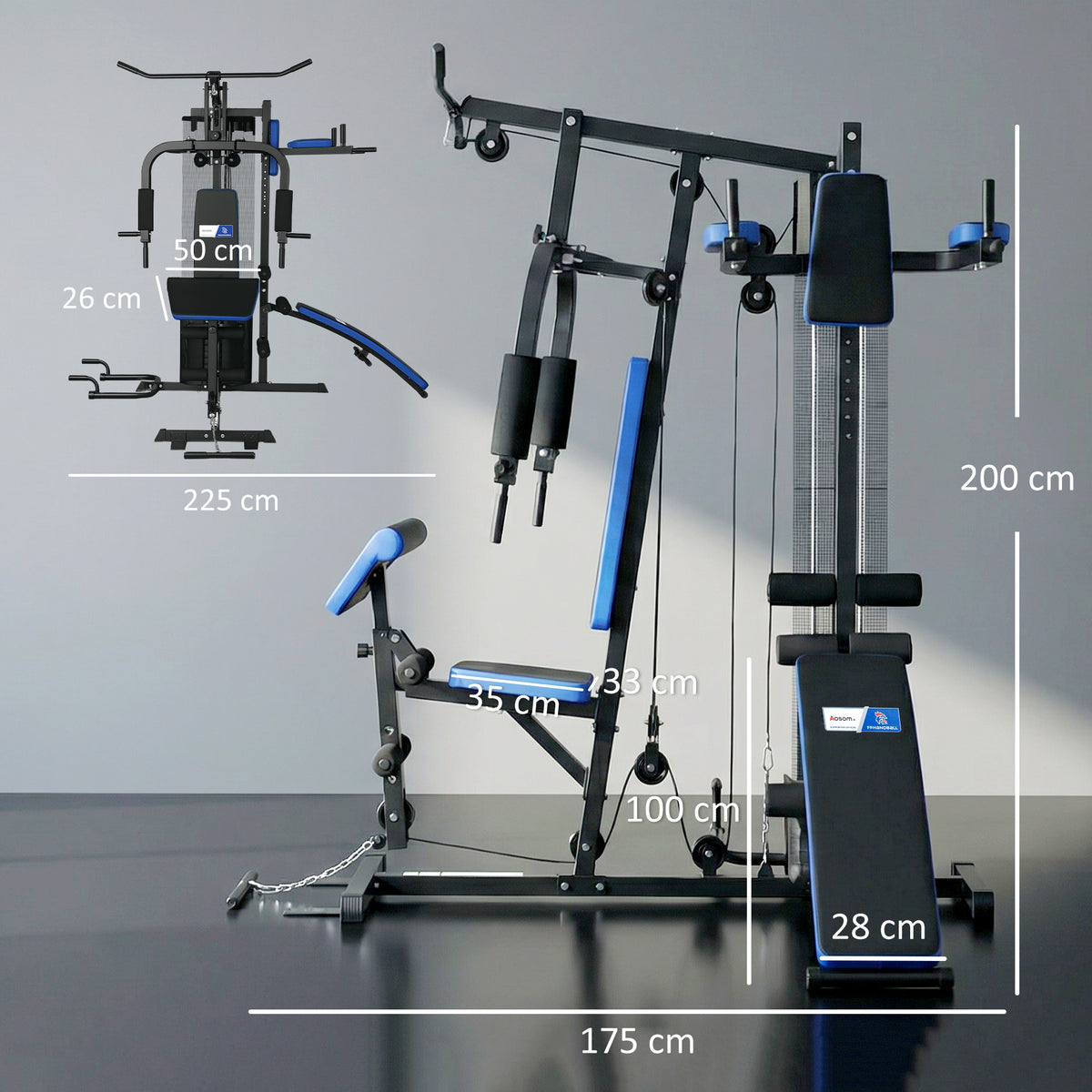 Station de Musculation avec Pile de Poids de 65 kg, Équipement de Gym à Domicile avec Banc pour Abdominaux, Noir et Bleu-2