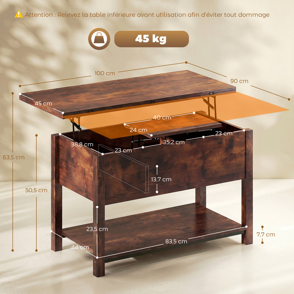 Table basse relevable et extensible table de salon avec compartiment caché étagère ouverte 100x45x50,5cm brun rustique-2