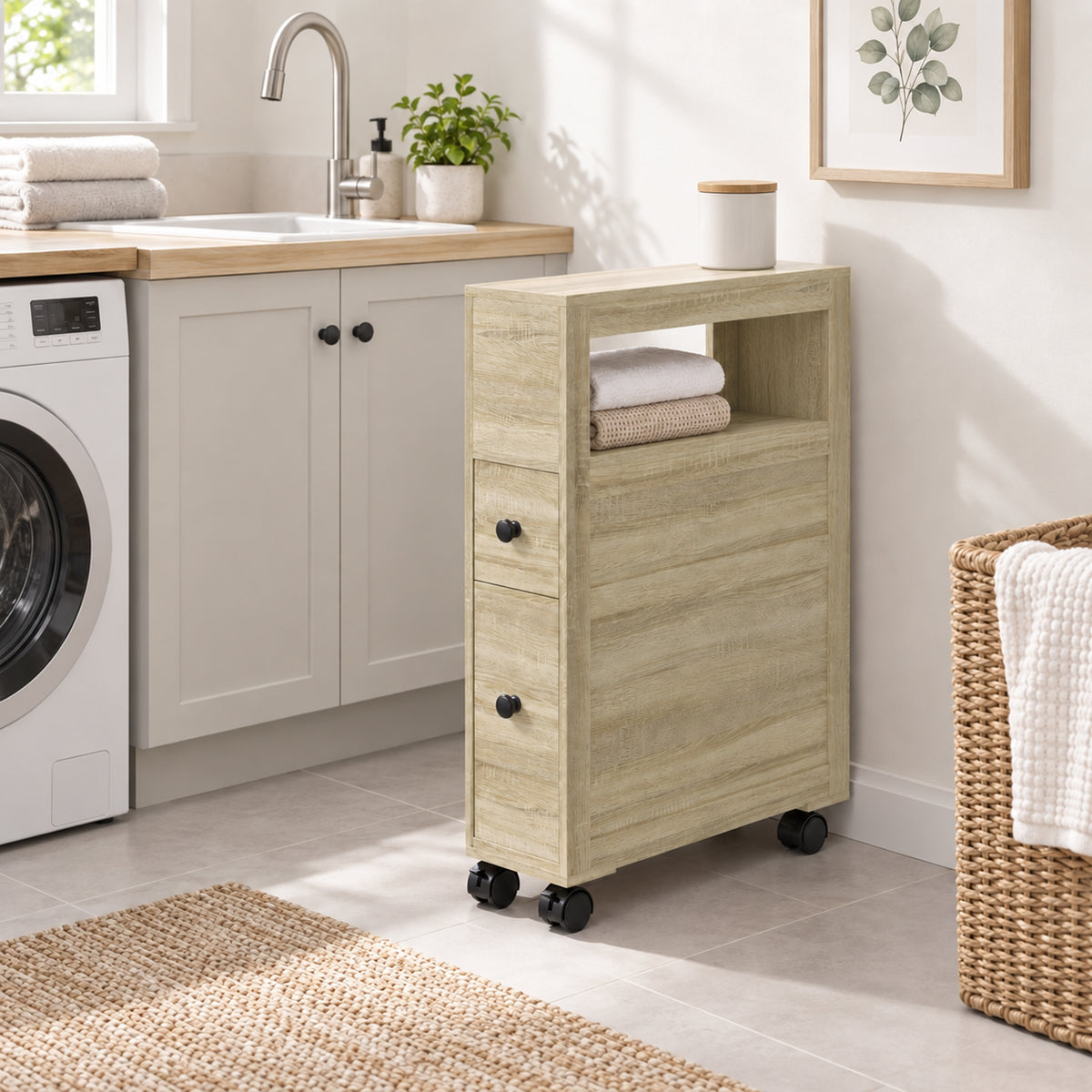 Meuble de rangement de salle de bain sur roulette armoire WC toilettes étagère ouverte 2 tiroirs 16 x 52 x 71,5 cm chêne-8