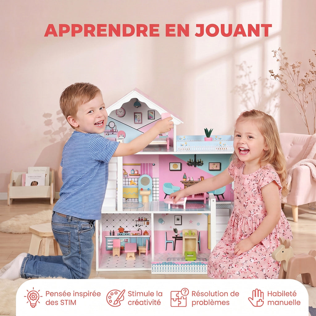 Maison de Poupée en Bois pour Enfants, Maison de Rêve Filles à 3 Étages avec Balcon, Escaliers et 10 Accessoires, Rose-5