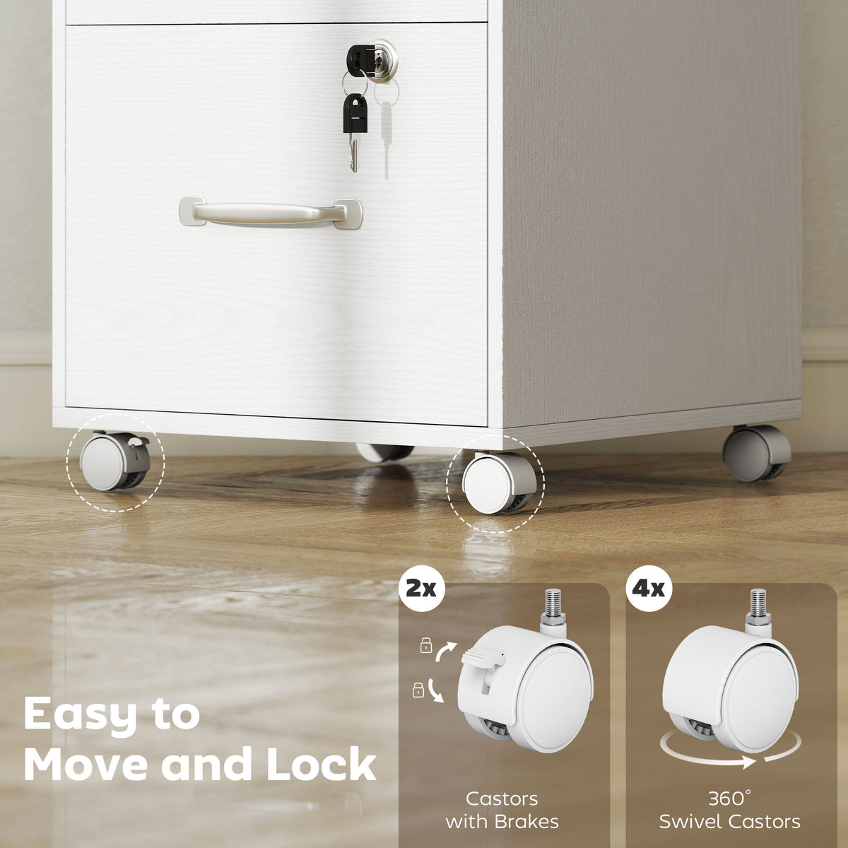 Caisson de Bureau Mobile avec 3 Tiroirs Verrouillables, Caisson de Rangement sur Roulettes, 40 x 40 x 69,5 cm, Blanc-7