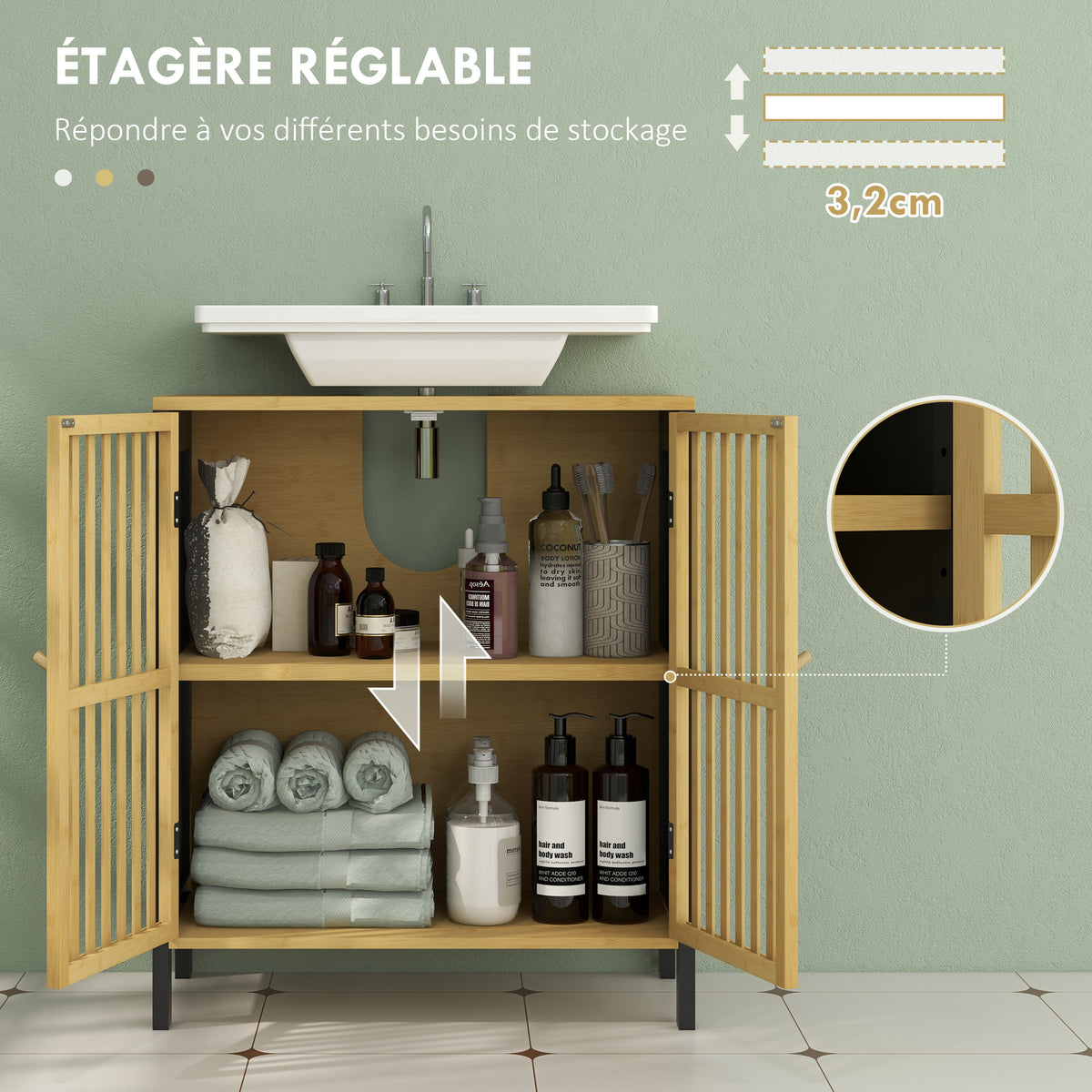 Meuble sous vasque 2 portes avec étagère réglable armoire de rangement pour lavabo 60 x 30 x 70 cm MDF et bambou-4