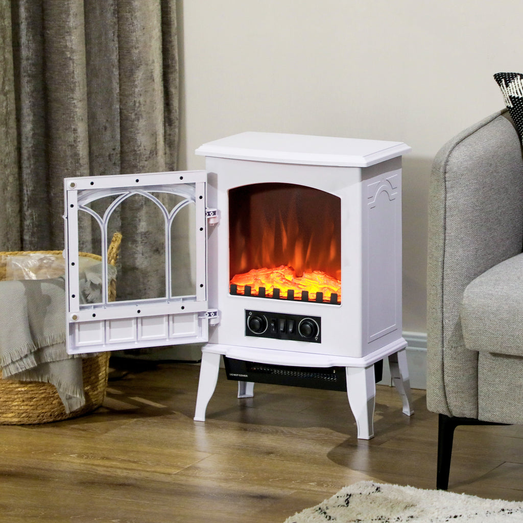 Cheminée électrique sur pied 1000/2000 W, fausse cheminée décorative avec effet flamme LED, blanc-9