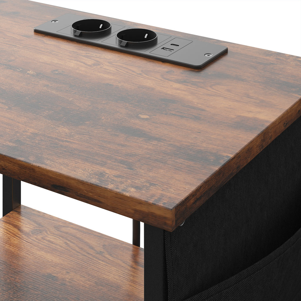 Table d'Appoint, Bout de Canapé, 2 Tiroirs et Sac de Rangement, Station de Charge, 40x30x60cm, Brun Rustique et Noir-5