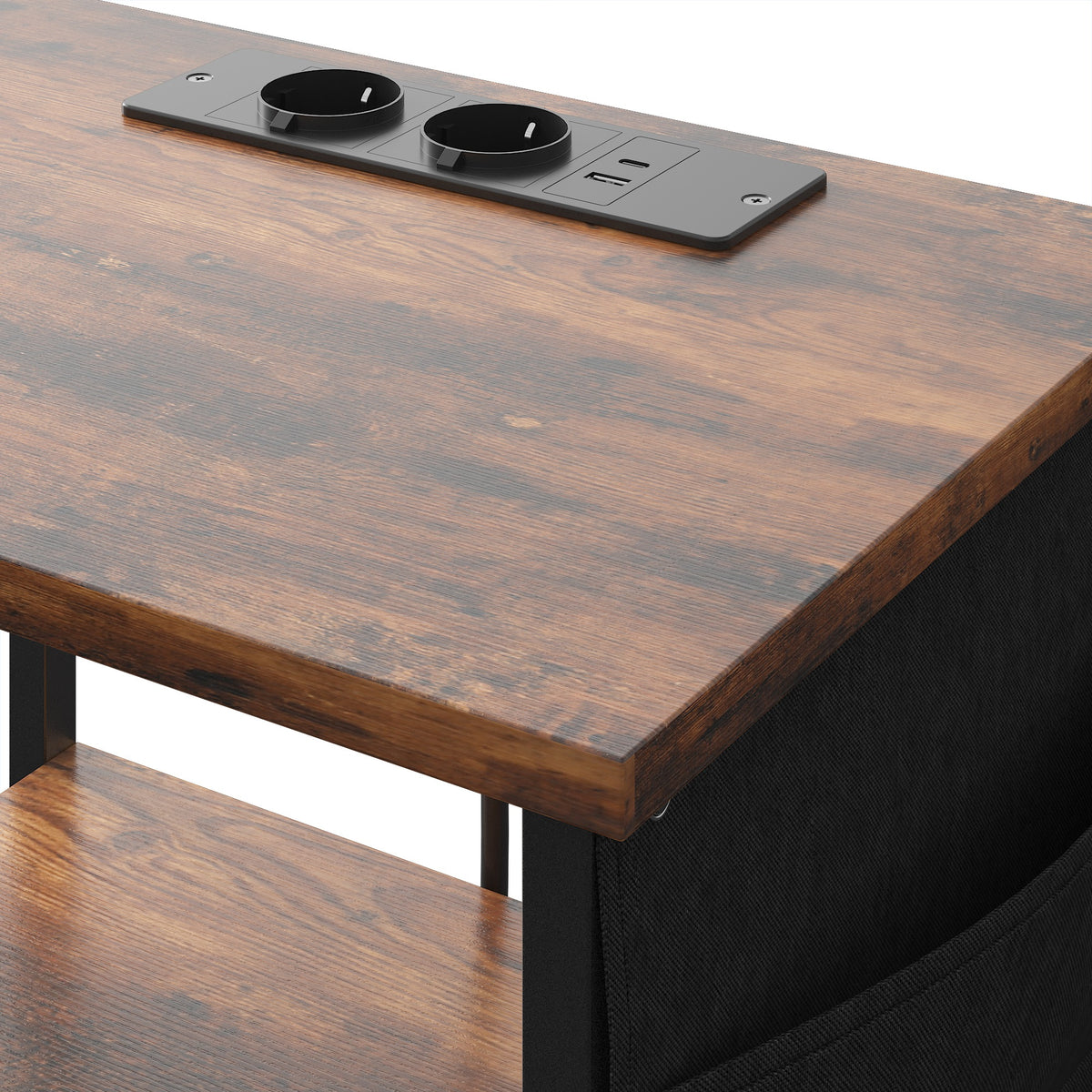 Table d'Appoint, Bout de Canapé, 2 Tiroirs et Sac de Rangement, Station de Charge, 40x30x60cm, Brun Rustique et Noir-5