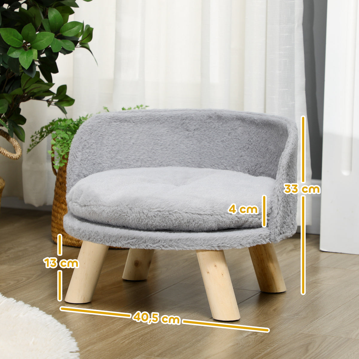 Canapé lit panier pour chien design scandinave coussin moelleux amovible pieds en bois Ø 40,5 x 33H cm gris-2