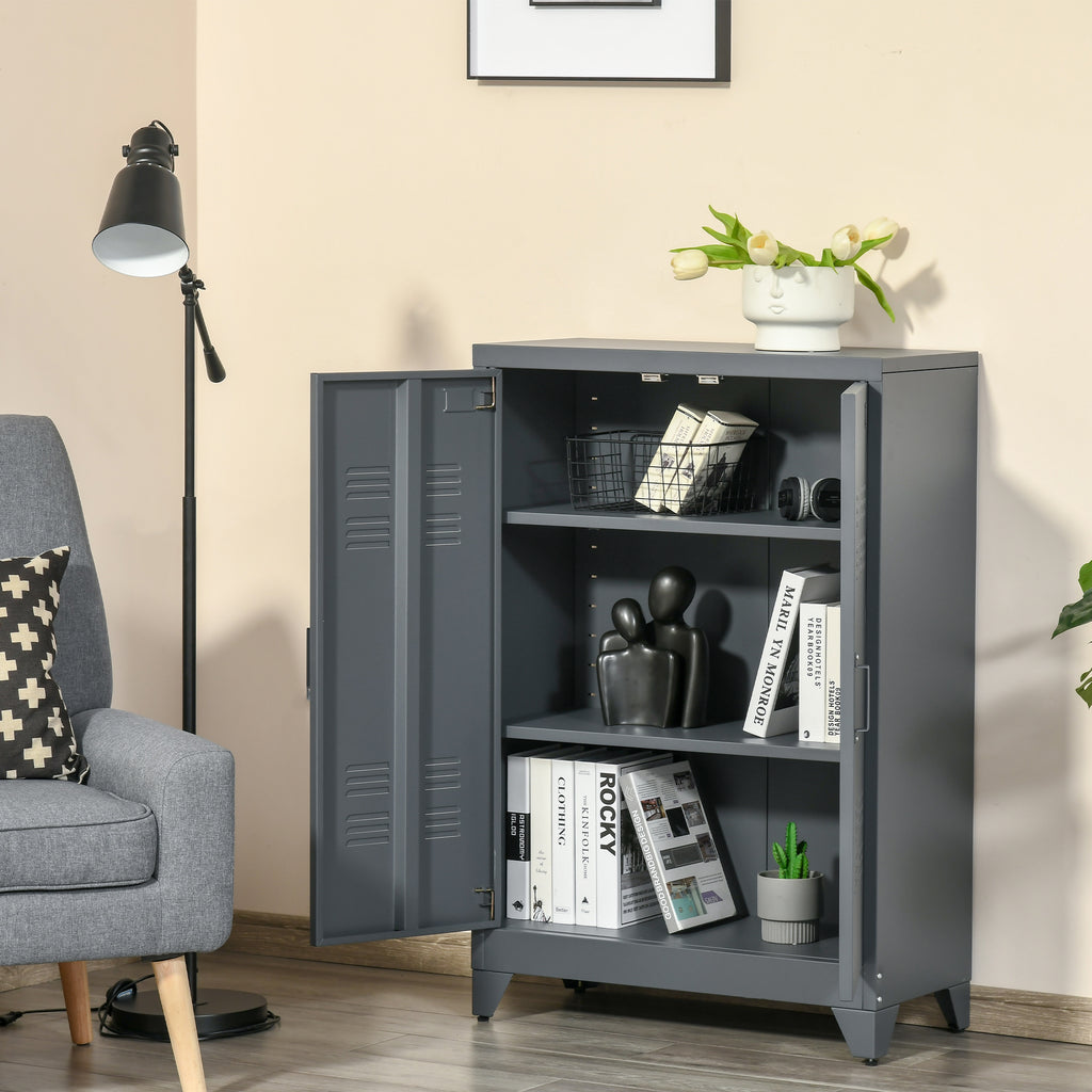 Armoire de bureau à 3 niveaux, meuble de rangement bureau métallique avec 2 portes et étagères réglables-1