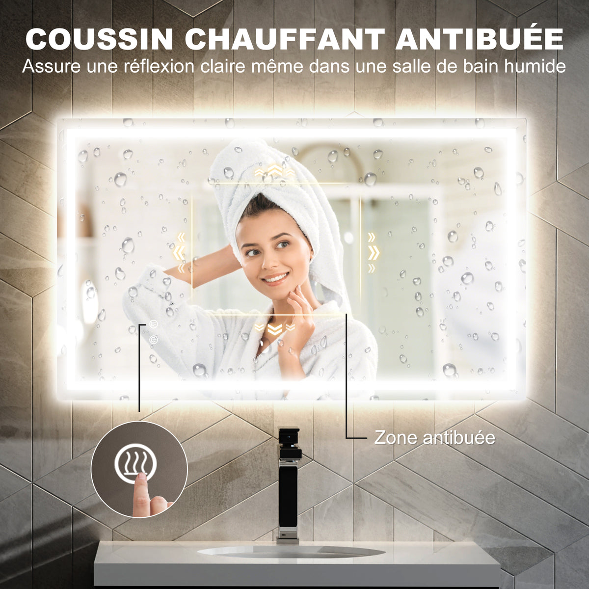 Miroir salle de bain éclairage LED miroir lumineux salle de bain mural interrupteur tactile lumière 3 couleurs 100 x 60 cm-4