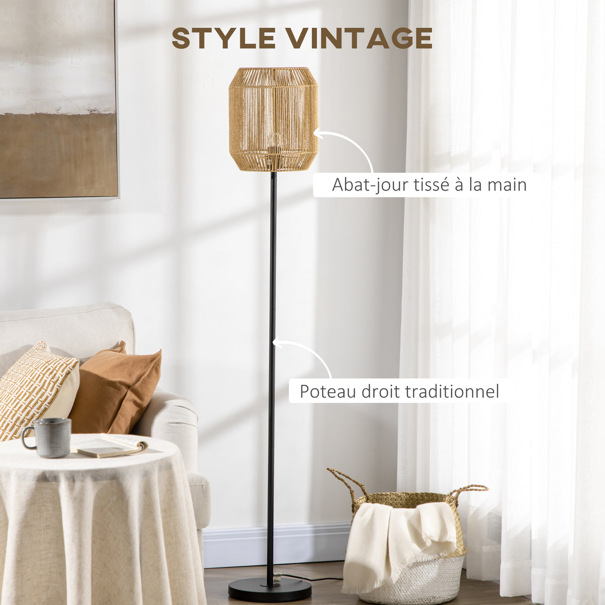 Lampadaire sur pied salon abat-jour en corde de papier design naturel base E27 Max. 40W - Ø 26 x 164H cm-3