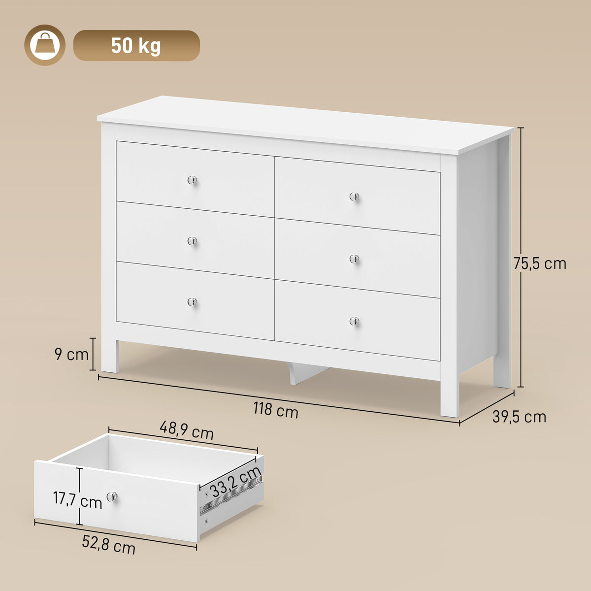 Commode 6 Tiroirs, Meuble de Rangement avec Glissières Fluides, Chiffonnier, Style Moderne, 118 x 39,5 x 75,5 cm, Blanc-2