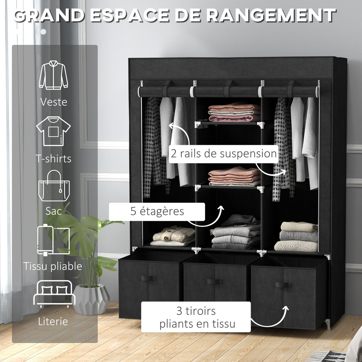 Armoire de rangement en tissu pliable avec 5 étagères, 2 tringles et 3 tiroirs en tissu 125L x 43l x 162.5H cm-3