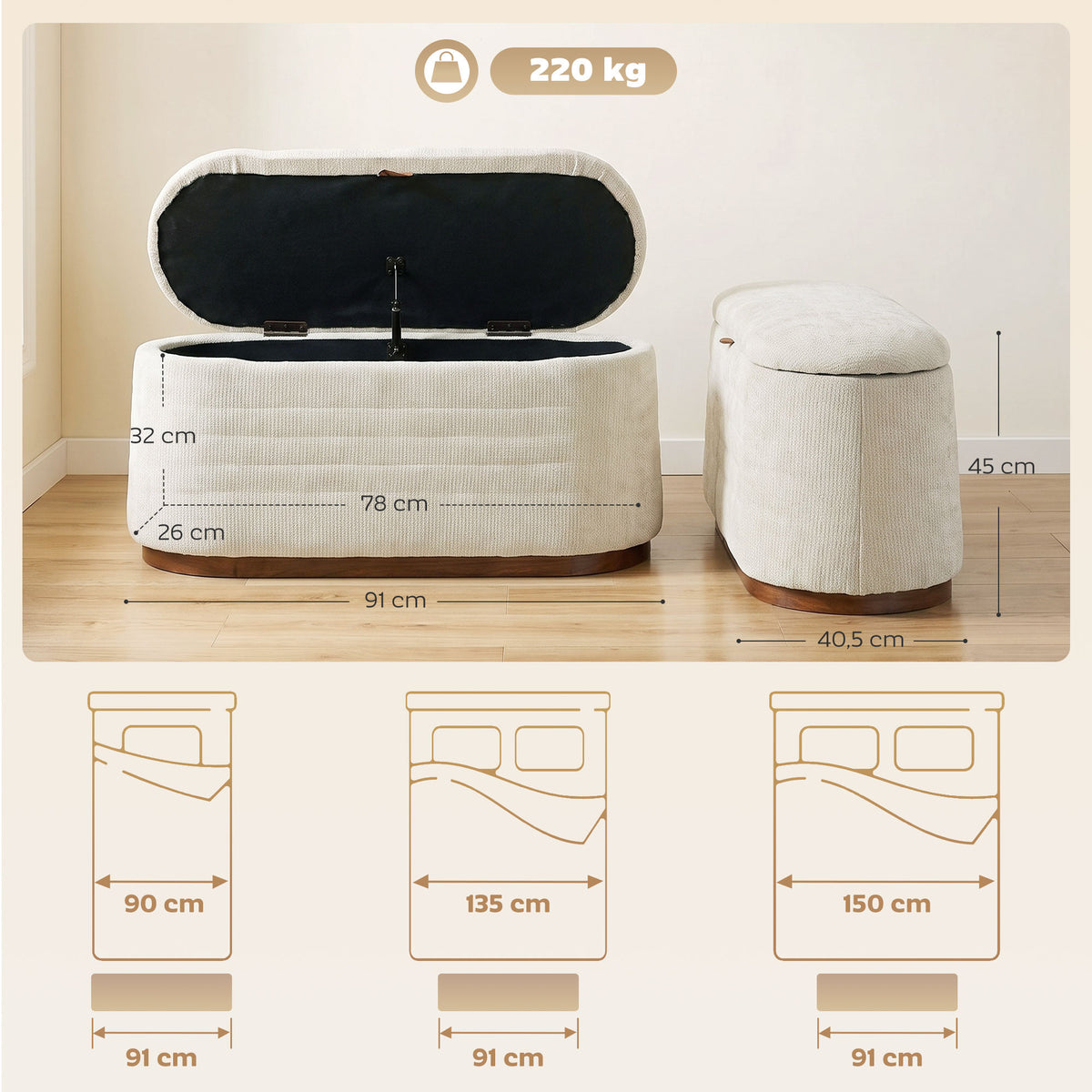 Banc de Rangement Ovale Moderne en Tissu Chenille, Bout de Lit Coffre Charge 220 kg, 91 x 40,5 x 45 cm, Beige-2