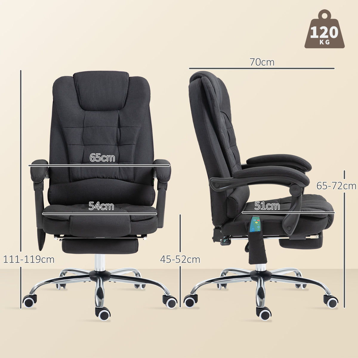Fauteuil de bureau direction massant chauffant hauteur réglable dossier inclinable toile de lin noir-2