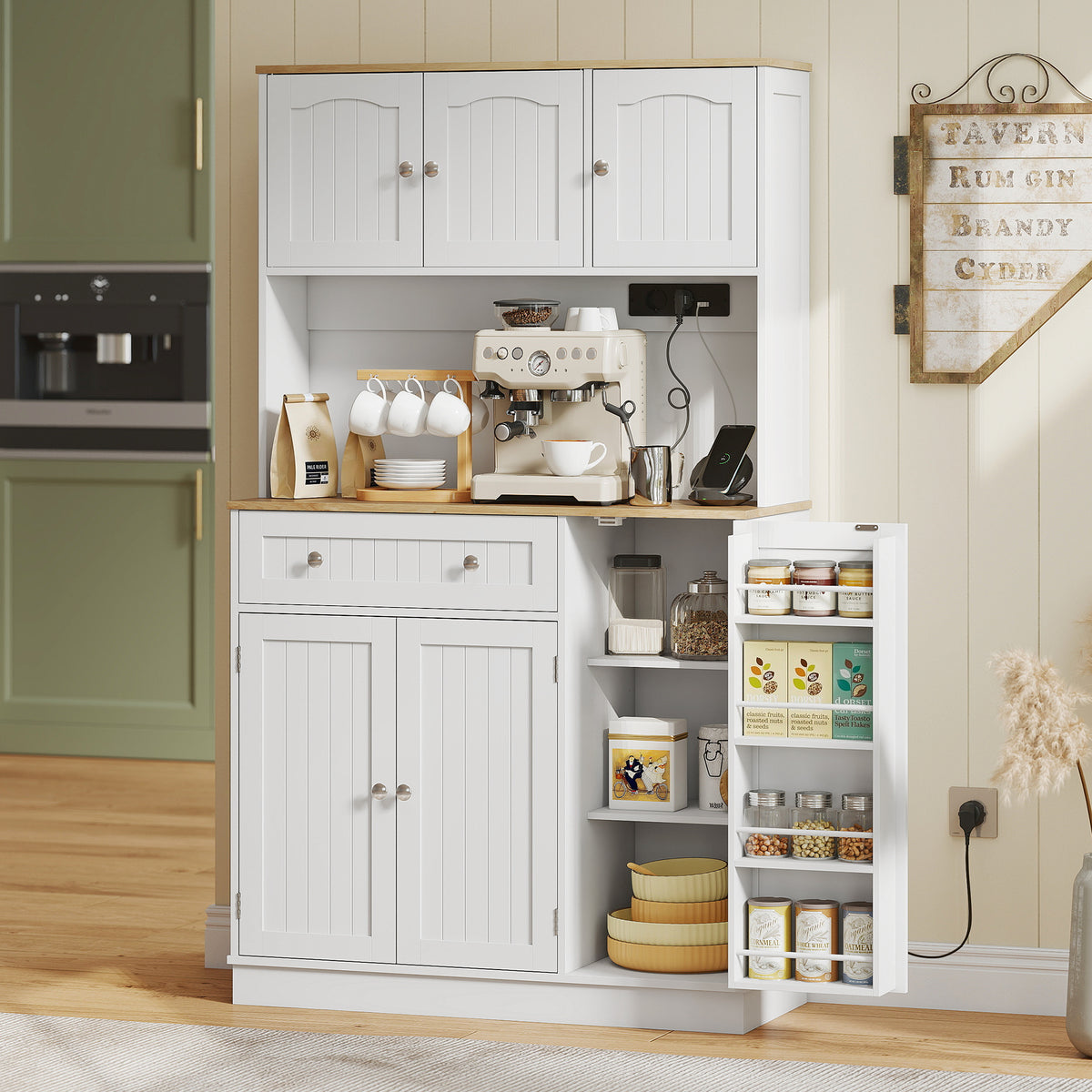 Buffet haut cuisine, armoire de cuisine, station de charge, 6 portes, plan de travail, porte-épices, 100x40x173cm, blanc-9