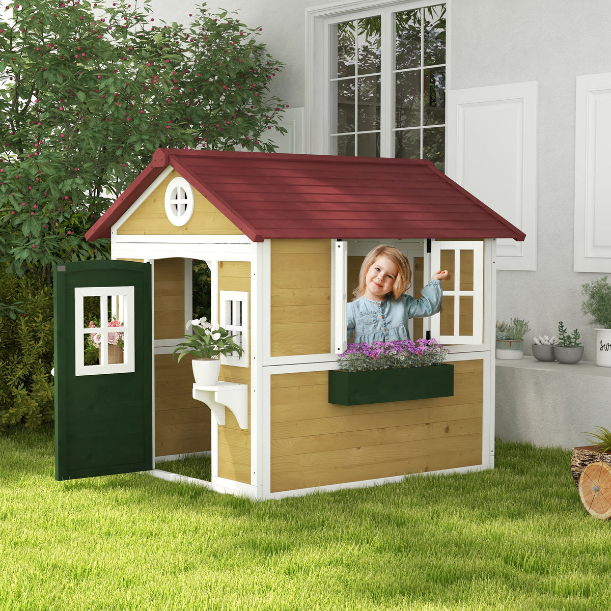 Cabane enfant extérieur maison enfant extérieure avec porte fenêtres et jardinières 114 x 126,4 x 135 cm beige-1