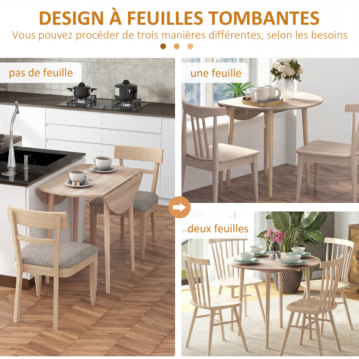 Table de salle à manger pliante 2 abattants - table ronde extensible - peu encombrante avec pieds en bois Ø89 x 73.5H cm-3