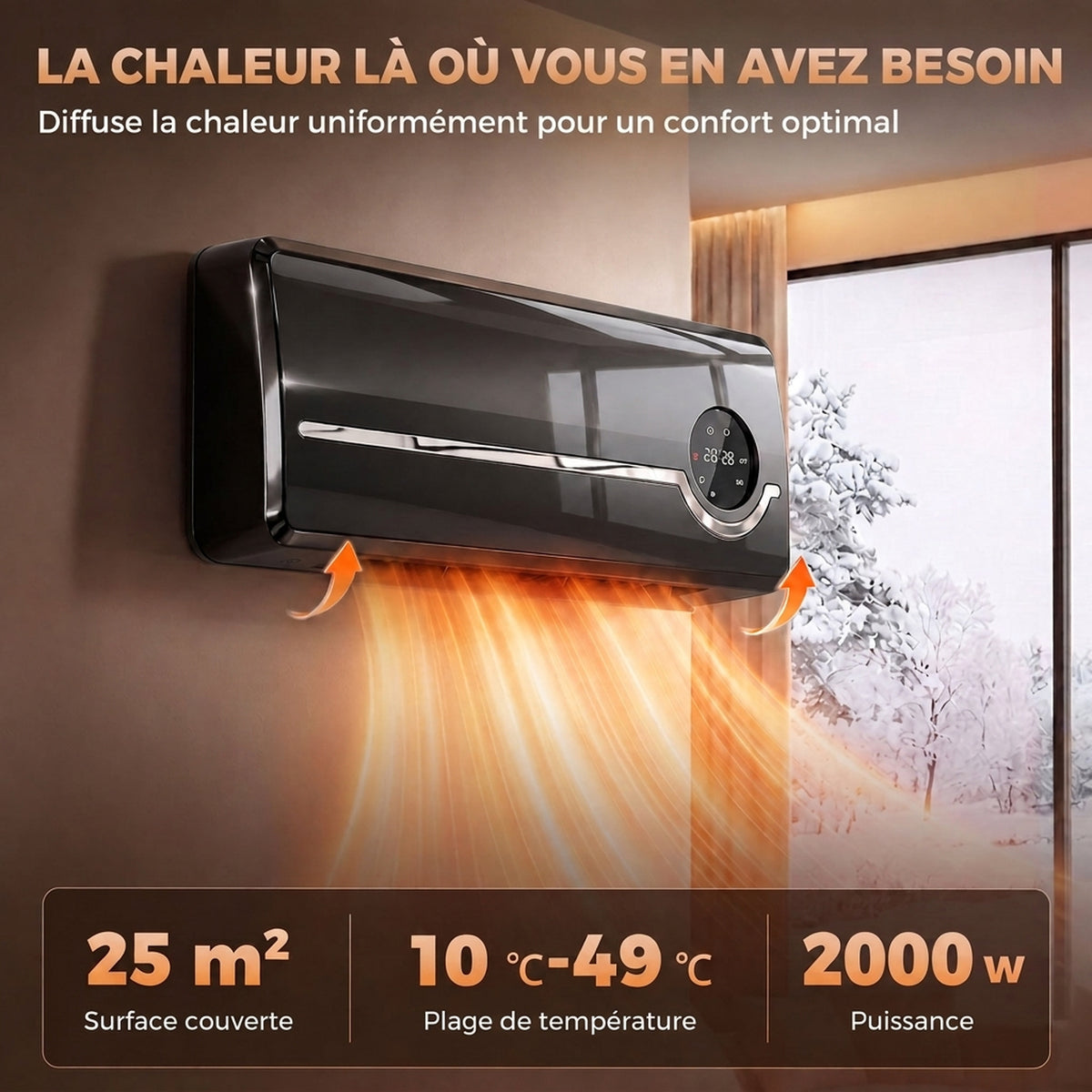 Chauffage mural en céramique 1000/2000W, radiateur électrique, ventilateur, thermostat, minuterie, 50x18,6x12,9cm, noir-3
