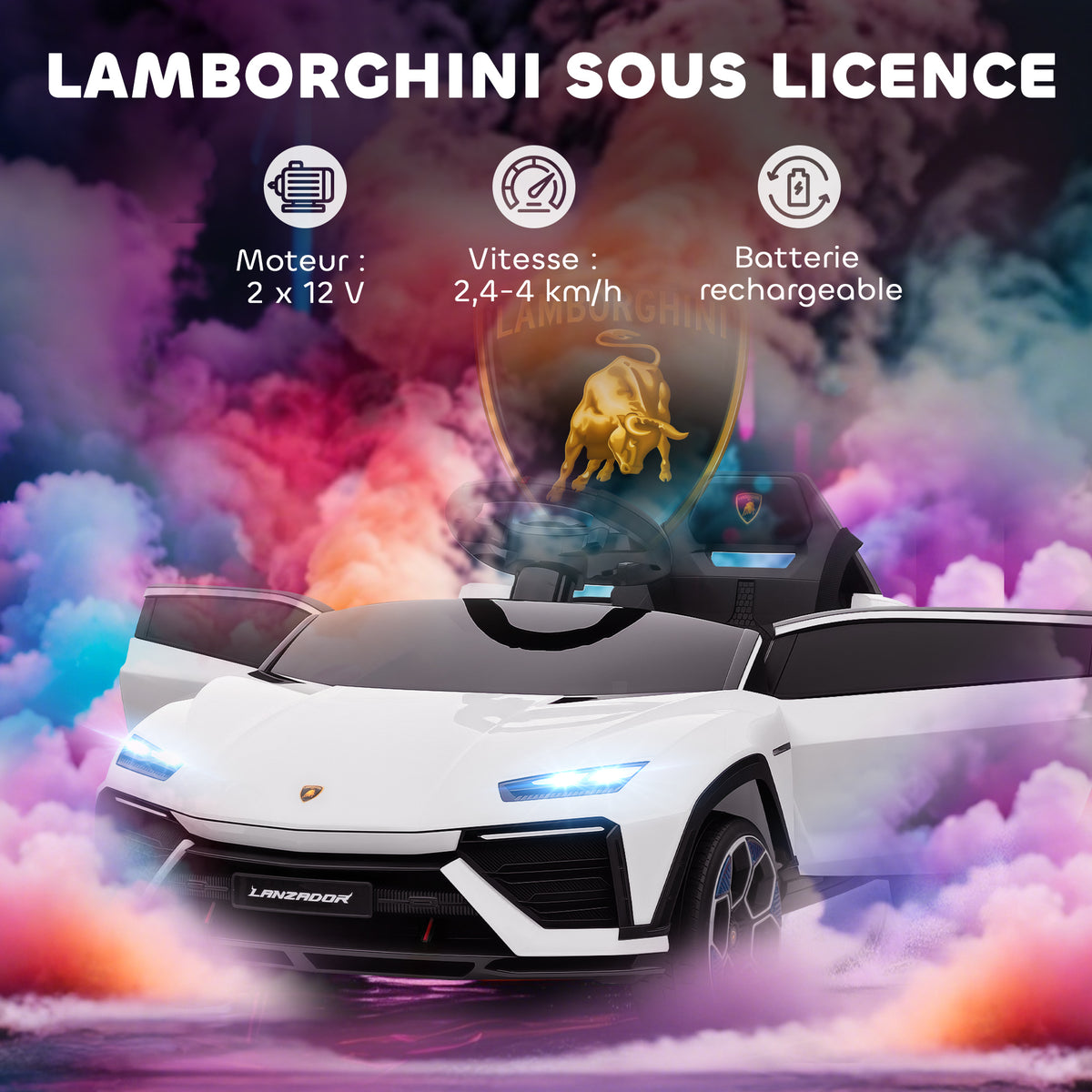 Voiture électrique enfant véhicule électrique Lamborghini 12V télécommande 2,4G et 2 moteurs vitesse max. 4 km/h blanc-3