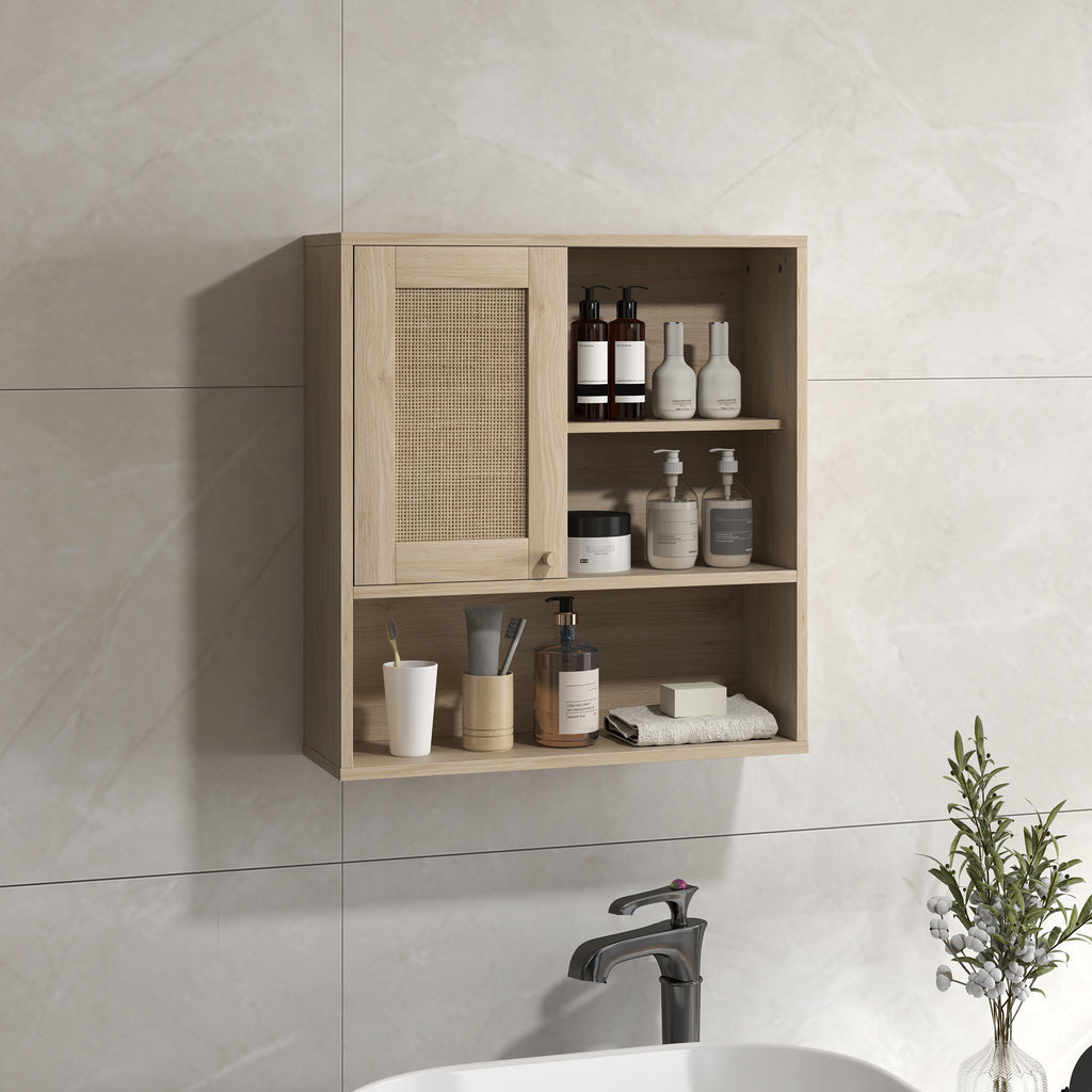 Armoire murale, meuble haut salle de bain avec porte coulissante en rotin et étagères ouvertes, bois naturel-8
