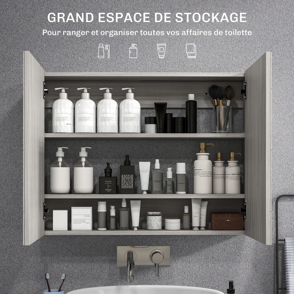 Armoire murale salle de bain avec miroir, meuble salle de bain, double portes et étagères réglables, 80x15x60cm, gris-3
