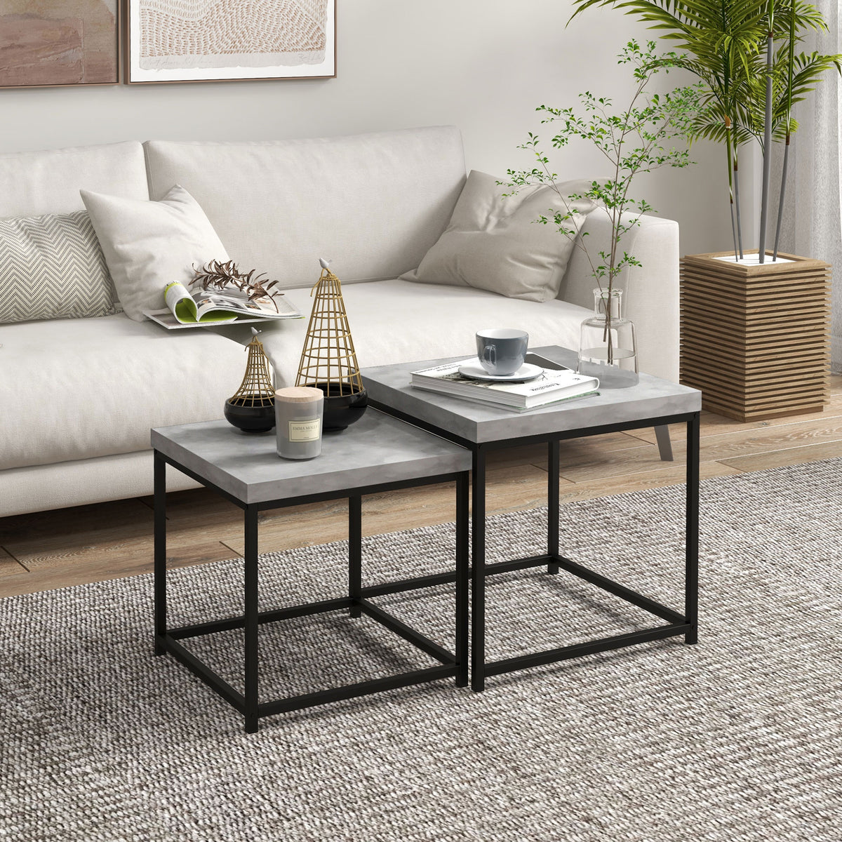 Lot de 2 tables gigognes tables basses carrées tables de salon cadre en acier et plateaux en bois gris-9