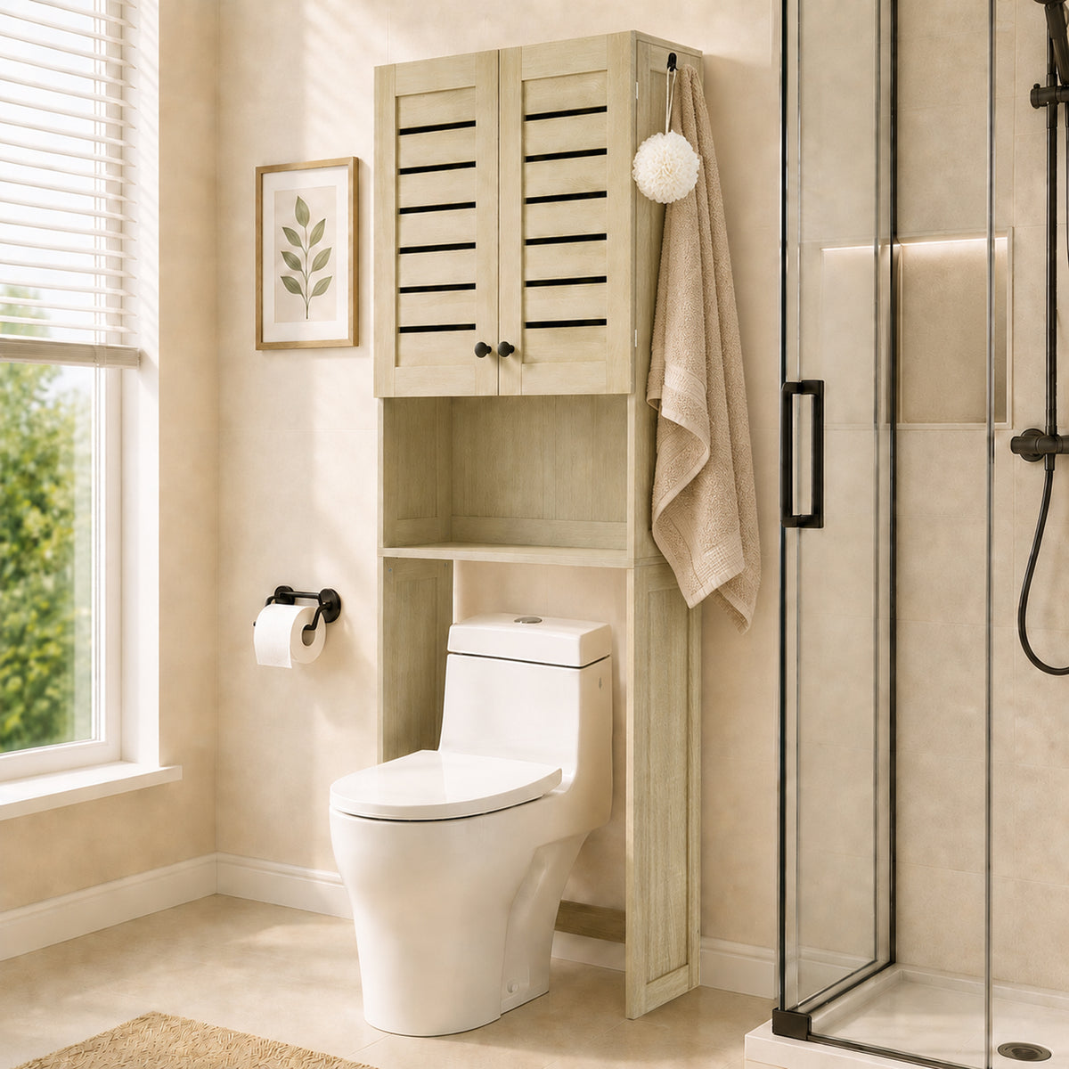 Meuble WC dessus de toilette/machine à laver avec placard à porte double, portes à persiennes, 67x31,5x190cm, chêne-1