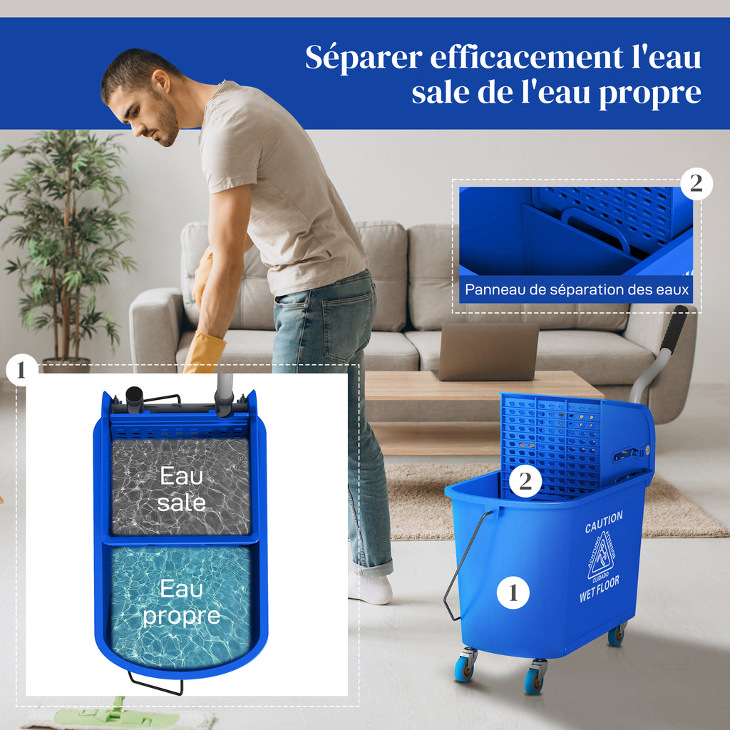 Chariot de nettoyage lavage seau de ménage 20 L avec essoreur et séparateur eau sale propre bleu 60L x 27l x 70,5H cm-4