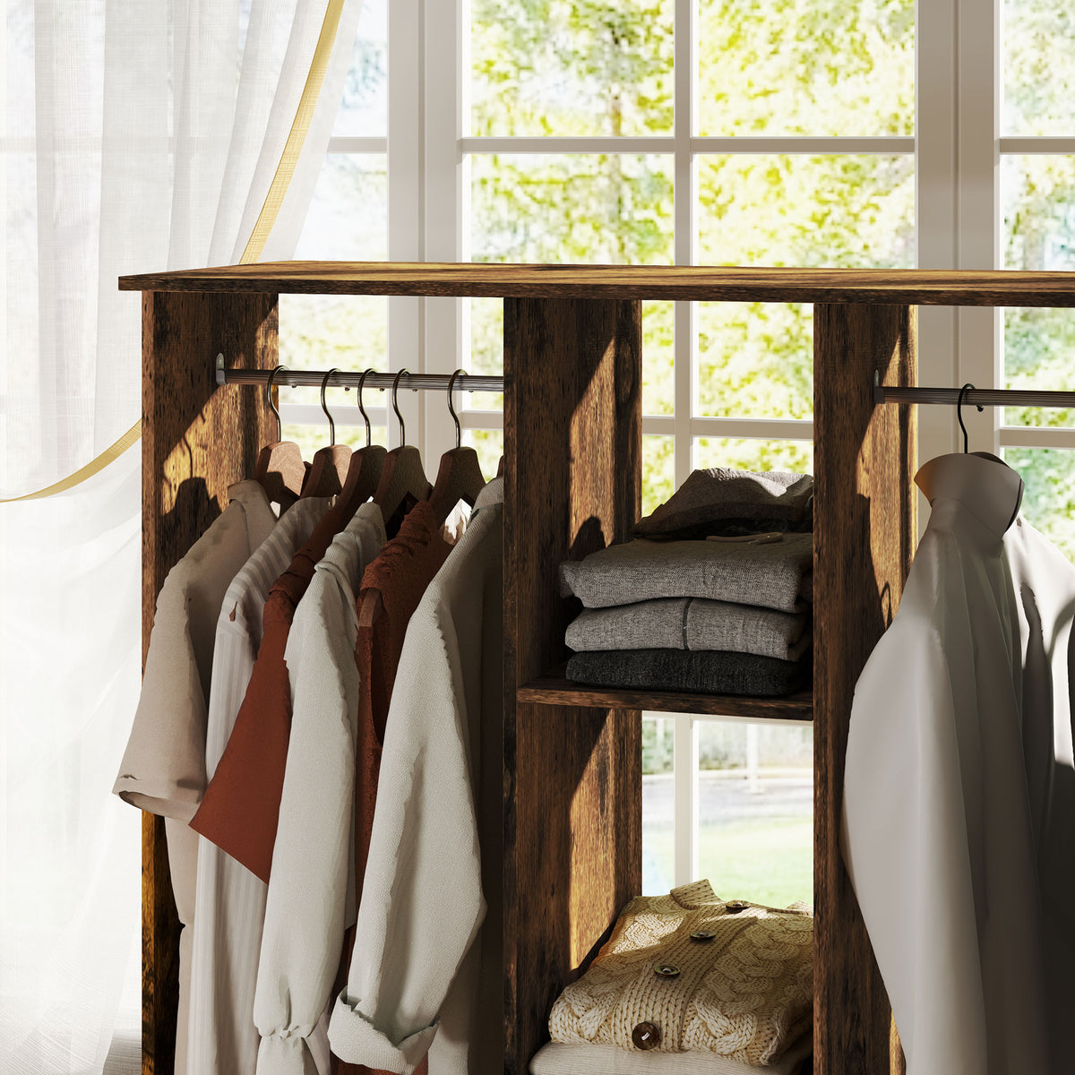 Armoire penderie meuble de rangement mobile 6 roulettes 120 x 40 x 128 cm en bois marron-8