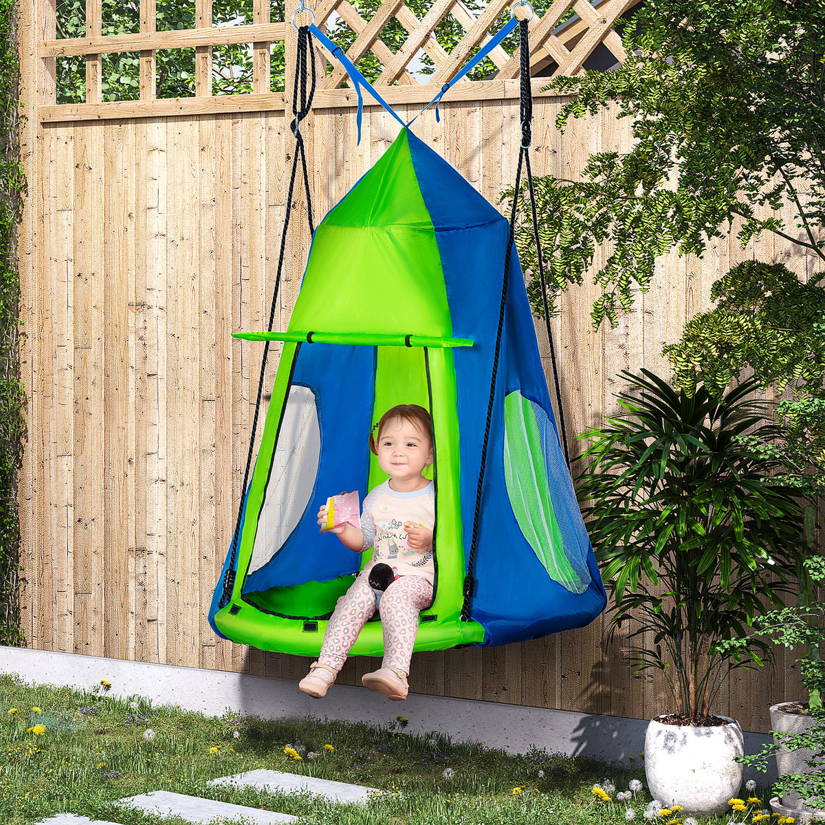 Balançoire nid d'oiseau Ronde avec Tente Amovible Ø 100 cm 4 Anneaux Inclus métal époxy Oxford Haute densité - Vert et Bleu-1