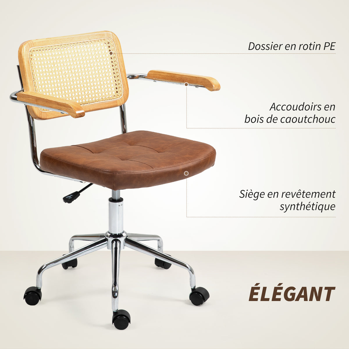 Chaise de bureau fauteuil de bureau fonction basculante hauteur réglable assise pivotante 60l x 55,5P x 82-90H cm marron-3