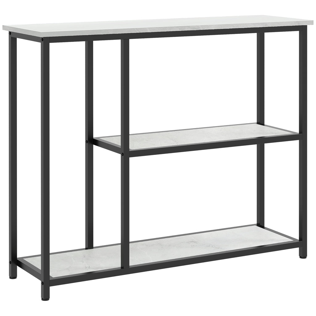 Console meuble 100 cm, table console 3 niveaux, plateaux en effet marbre, cadre en acier, blanc-0