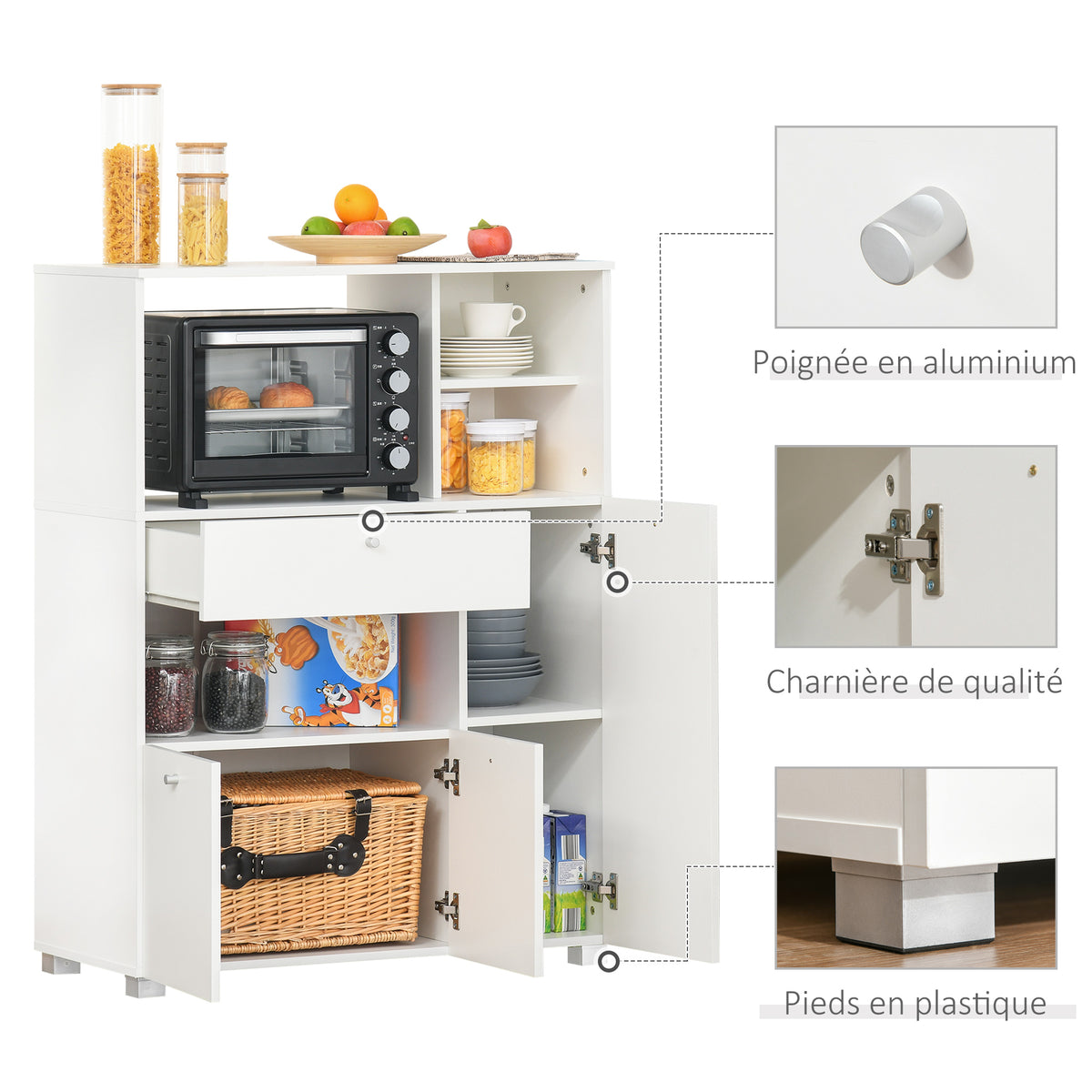Meuble de micro-onde armoire cuisine meuble de rangement multi-rangements buffet avec 2 placards 4 niches tiroir coulissant dim. 90L x 40l x 120H cm en bois blanc-5